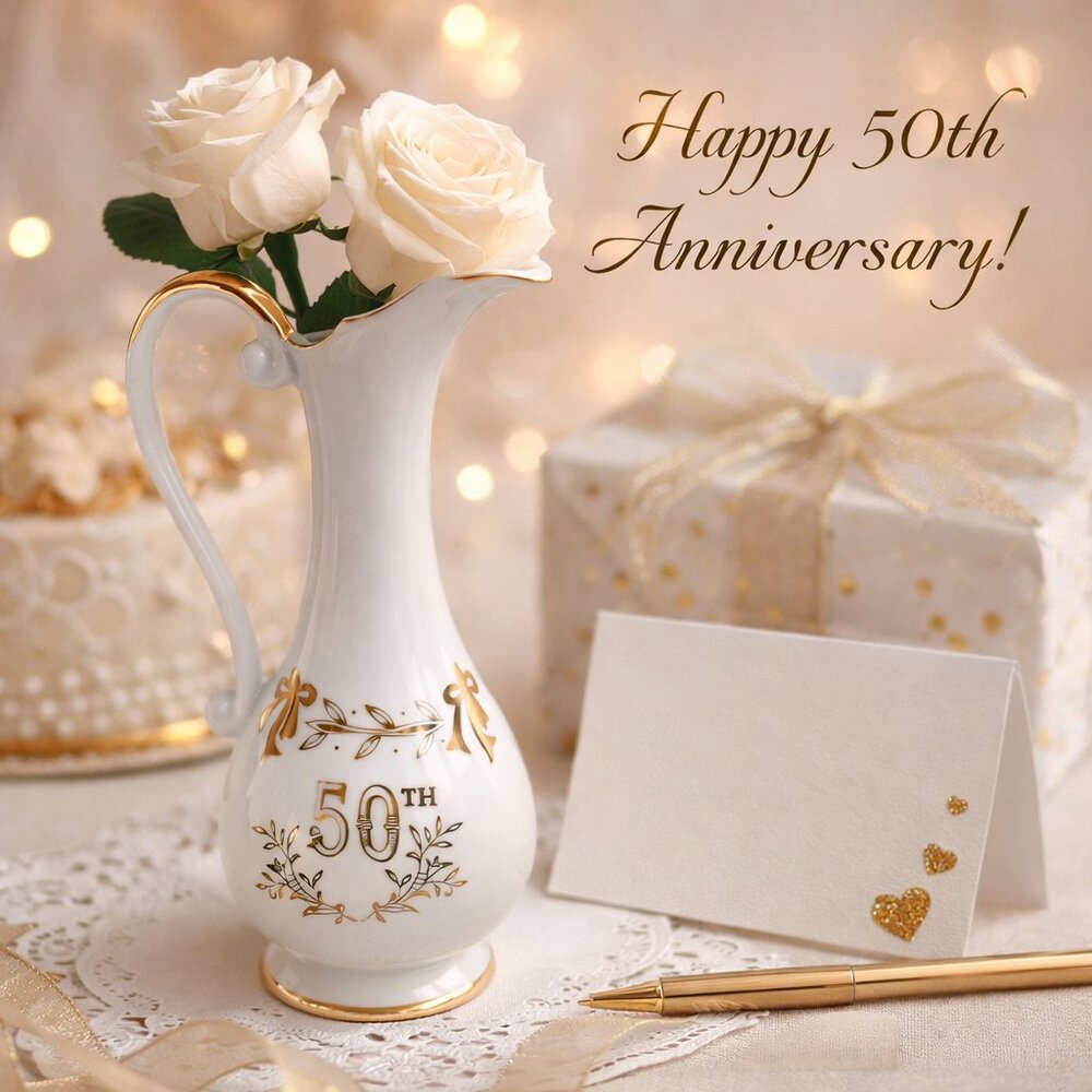 Vintage LEFTON CHINA Hand-Painted 50th Golden Wedding Anniversary Bud 7" Vase